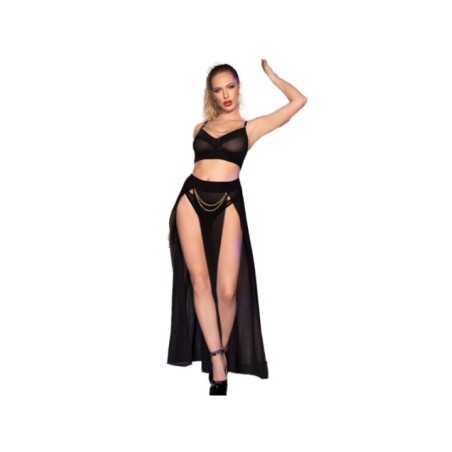 CHILIROSE - CR 4672 JUPE TOP NOIRE ET STRING AVEC CHAÎNES DORÉ L