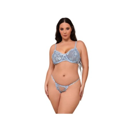 SUBBLIME - 957636 ENSEMBLE SOUTIEN-GORGE ET CULOTTE BRODÉS DE FLEURS BLEU CIEL L/XL