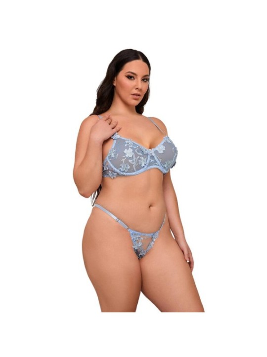 SUBBLIME - 957636 ENSEMBLE SOUTIEN-GORGE ET CULOTTE BRODÉS DE FLEURS BLEU CIEL L/XL