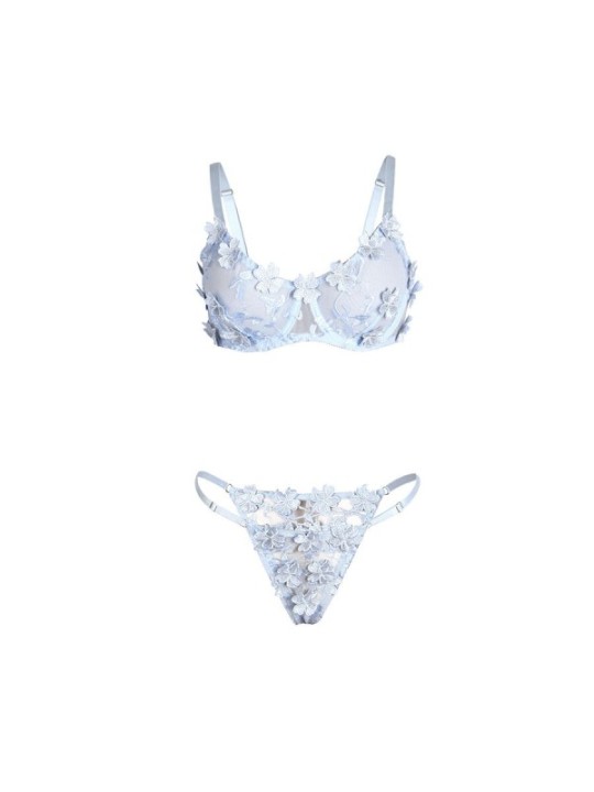 SUBBLIME - 957636 ENSEMBLE SOUTIEN-GORGE ET CULOTTE BRODÉS DE FLEURS BLEU CIEL L/XL