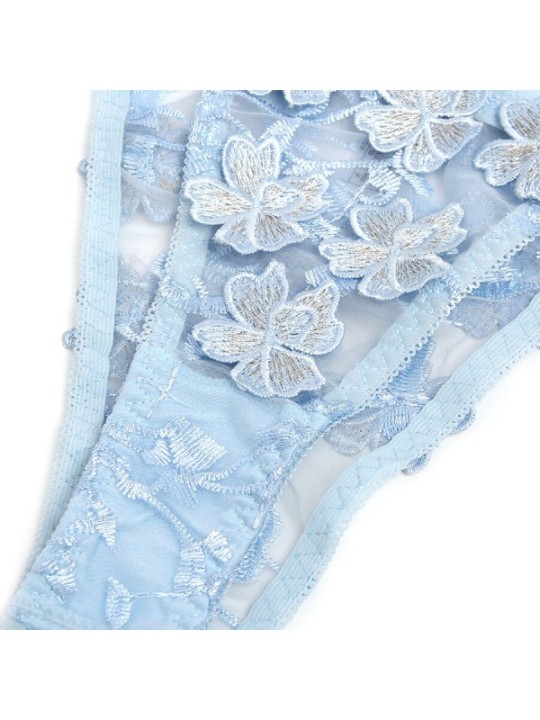 SUBBLIME - 957636 ENSEMBLE SOUTIEN-GORGE ET CULOTTE BRODÉS DE FLEURS BLEU CIEL L/XL