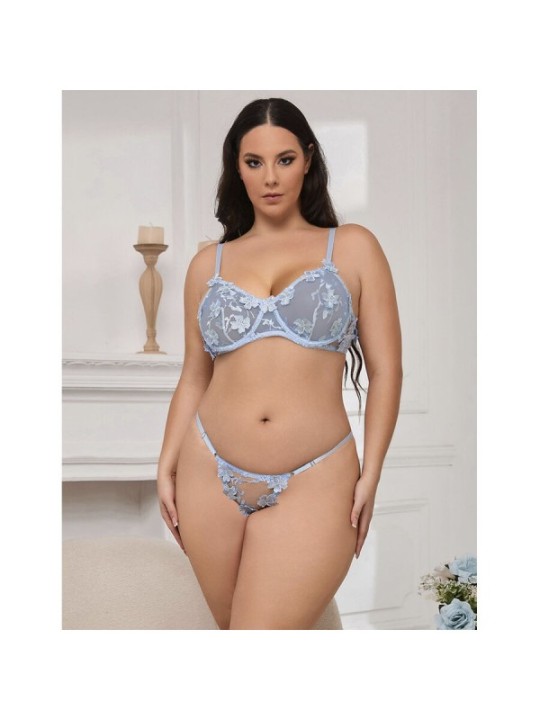 SUBBLIME - 957636 ENSEMBLE SOUTIEN-GORGE ET CULOTTE BRODÉS DE FLEURS BLEU CIEL L/XL