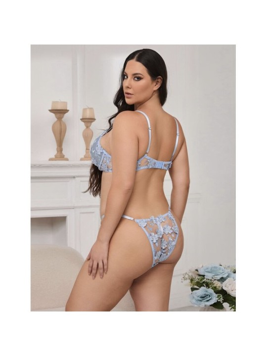 SUBBLIME - 957636 ENSEMBLE SOUTIEN-GORGE ET CULOTTE BRODÉS DE FLEURS BLEU CIEL L/XL