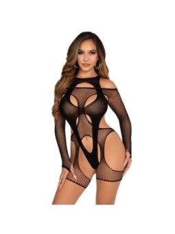 LEG AVENUE - BODYSTOCKING RÉSILLE AVEC PORTE-JARRETELLES ET HARNAIS NOIR