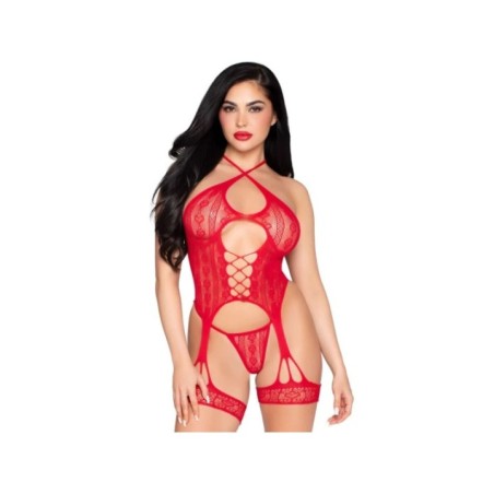 LEG AVENUE - 89338 BODY OUVERT EN DENTELLE AVEC PORTE-JARRETELLES + STRING ROUGE - TAILLE UNIQUE