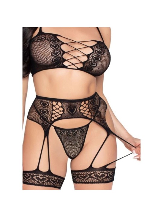 LEG AVENUE - 89359 ENSEMBLE HAUT + STRING + PORTE-JARRETELLES NOIR - TAILLE UNIQUE