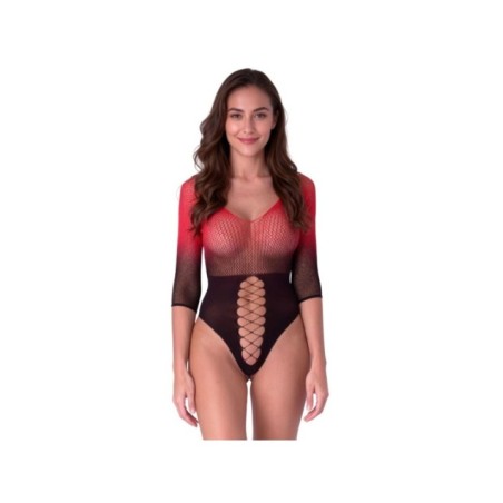 PASSION - BS118 BODYSTOCKING EN MAILLE NOIRE ET ROUGE
