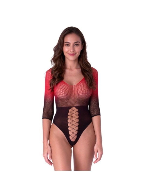 PASSION - BS118 BODYSTOCKING EN MAILLE NOIRE ET ROUGE