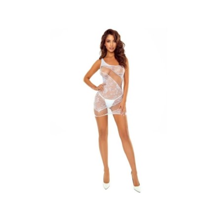 PASSION - BS123 MINI-ROBE BLANC À FLEURS AVEC BODYSTOCING