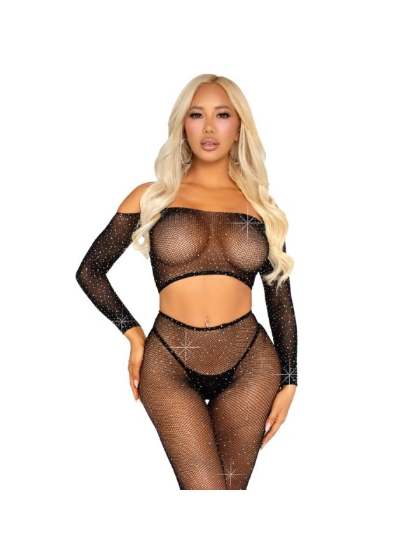 LEG AVENUE - CROP TOP ET LEGGING RÉSILLE AVEC STRASS NOIR