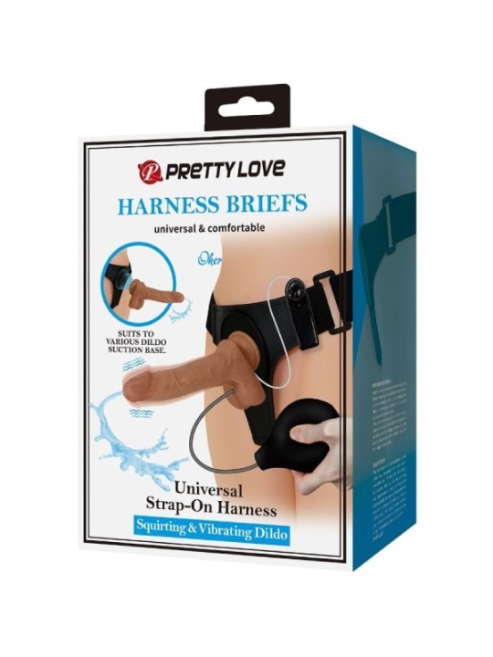 PRETTY LOVE - SLIP HARNAIS UNIVERSEL AVEC GODE VIBRANT ET SQUIRTING 15,5 CM MULATO